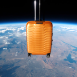 Samsonite's Proxis Carry-on Suitcase floating 130,000 feet above Earth. Image source: Samsonite, Sent Into Space