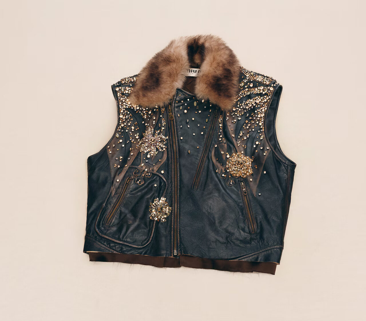 Embroidered leather biker jacket